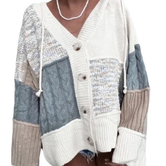 Olivia Sky Retro Grandma Sweater L Blue Chunky Mixed Media Knit Cozy Cardigan - Picture 11 of 11